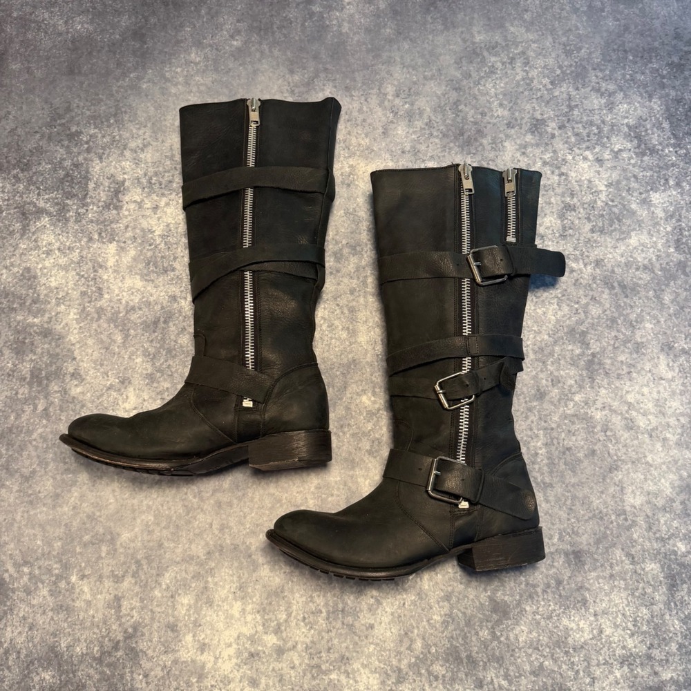 Dolce Vita Black Leather Moto Combat Boots Womens 10 Multi Strap Buckle Tall Zip